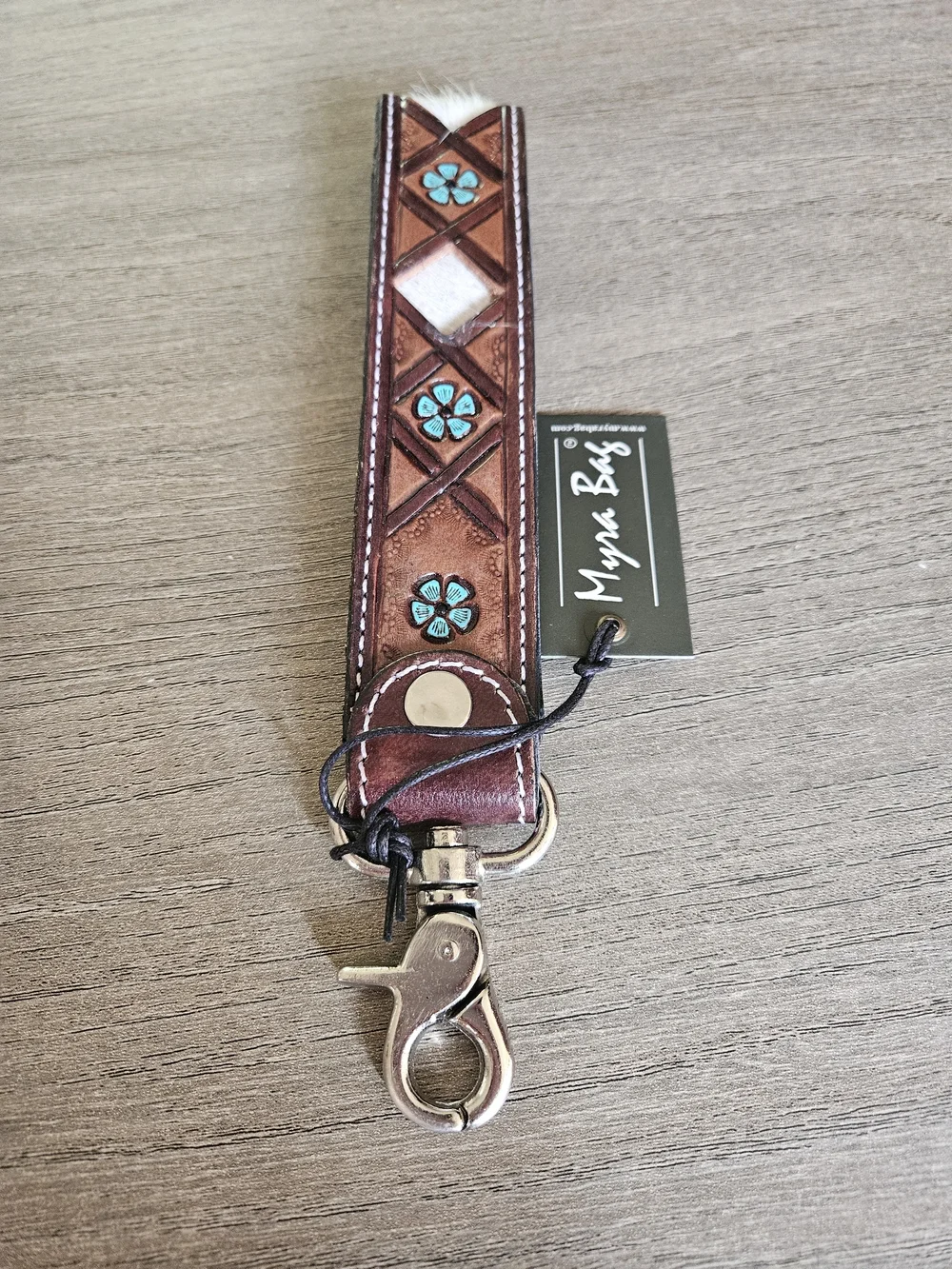 Myra Bag Brown Leather Key & Card Holder with Turquoise Floral Inlays & Cowhide